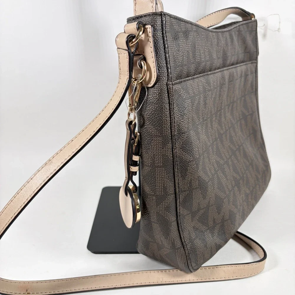 Michael Kors Jet Set Travel Large Messenger Bag Brown Monogram Gold Charm